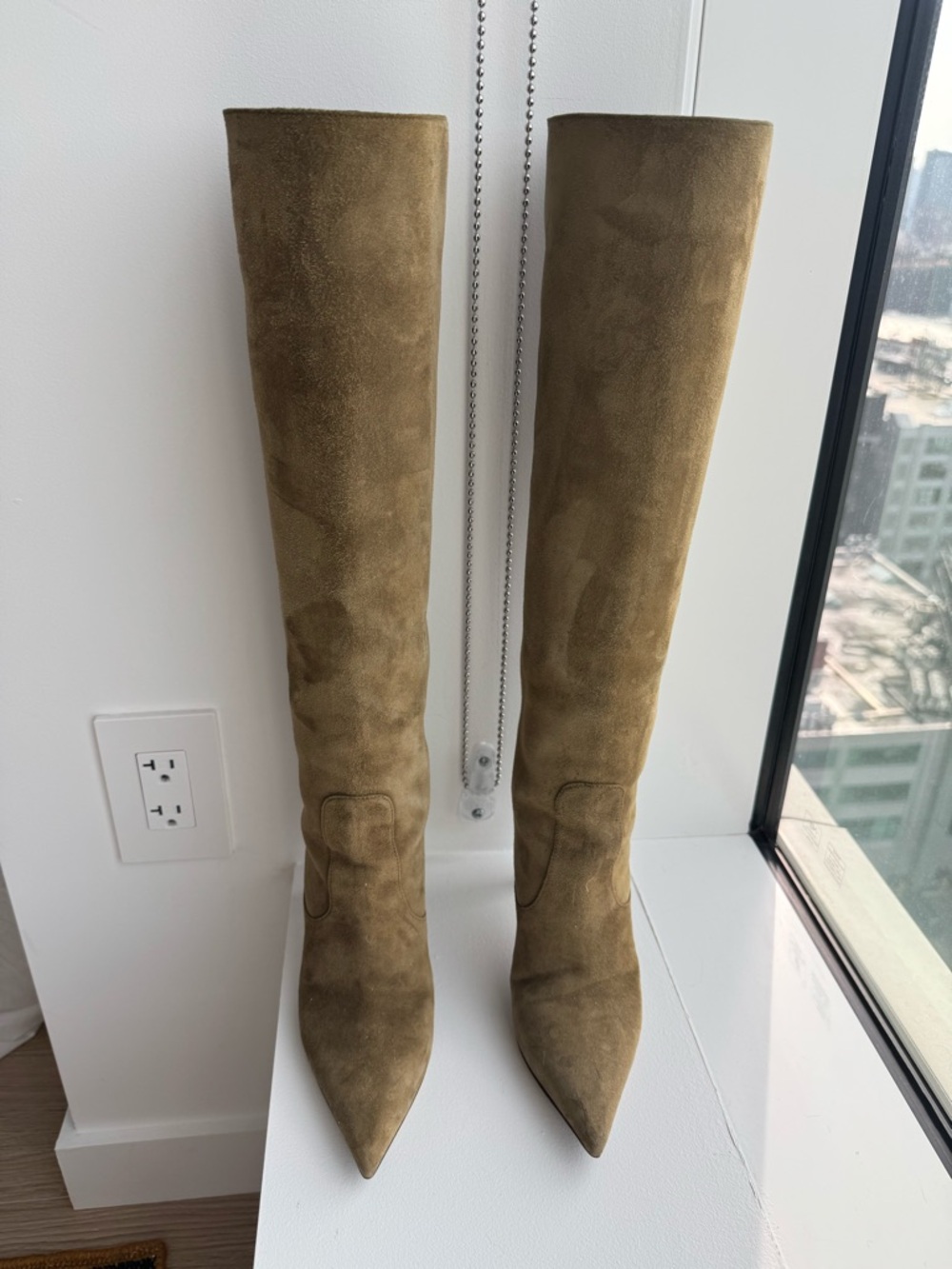 Jimmy Choo Tall Pointed-Toe Suede Boots in Olive